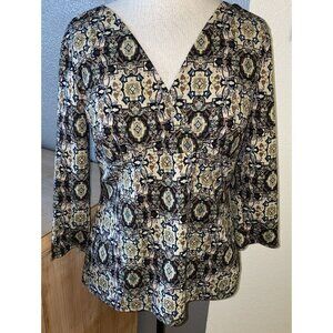 Emma James‎ Blouse Women’s Small V Neck 3/4 Sleeves Geometric Ladies